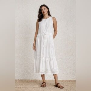 Lucky Brand White Eyelet Lace Sleeveless Midi Dress Cotton Drawstring Waist S